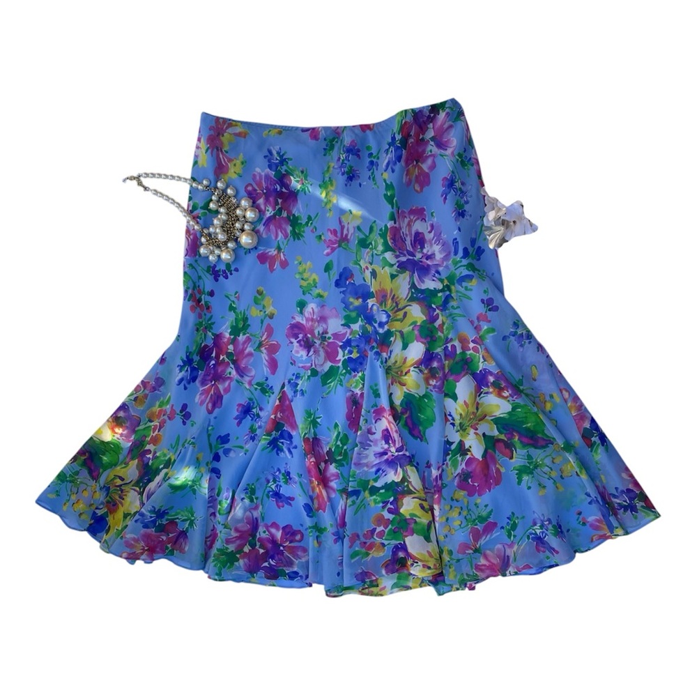 Ralph Lauren Blue Floral Silk Godet Midi Skirt